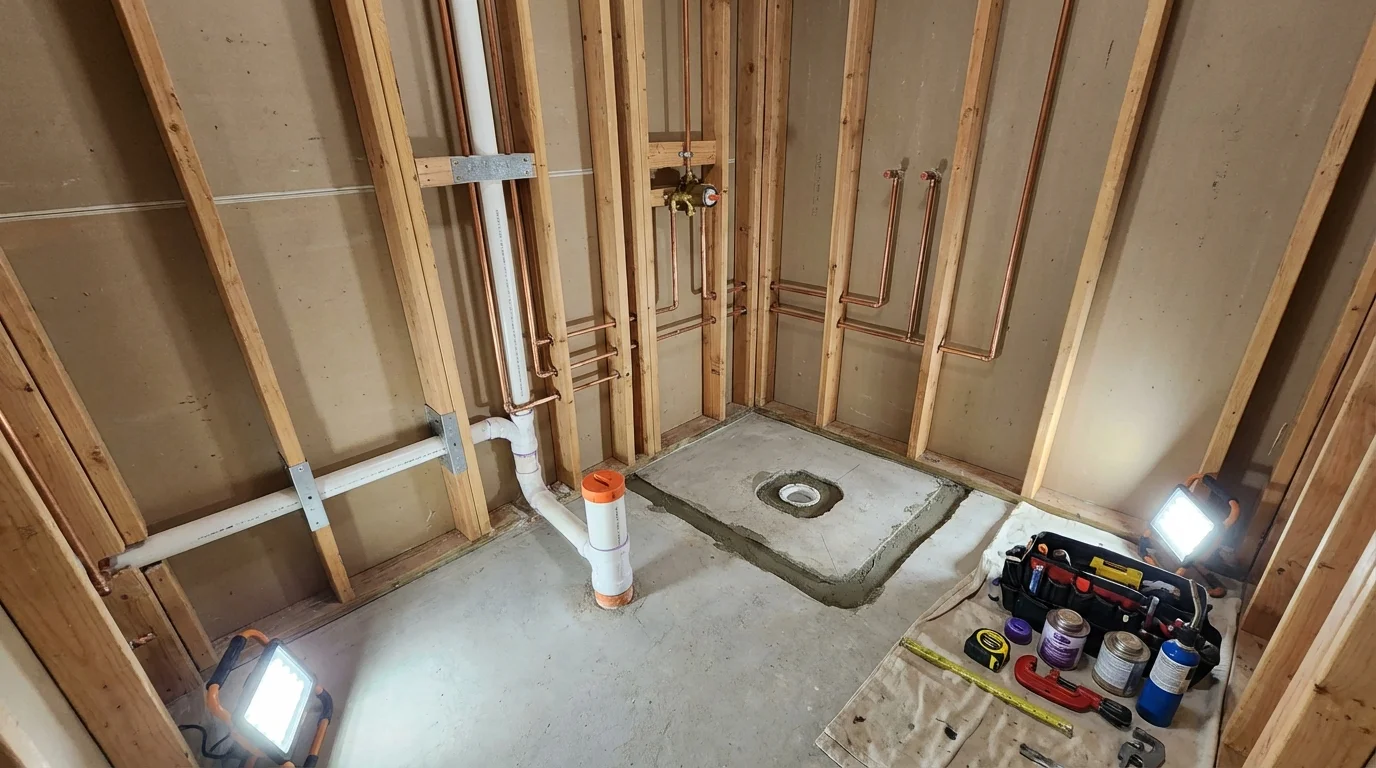 Bathroom rough-in plumbing during remodel by Johns Plumbing LLC in Mount Sterling