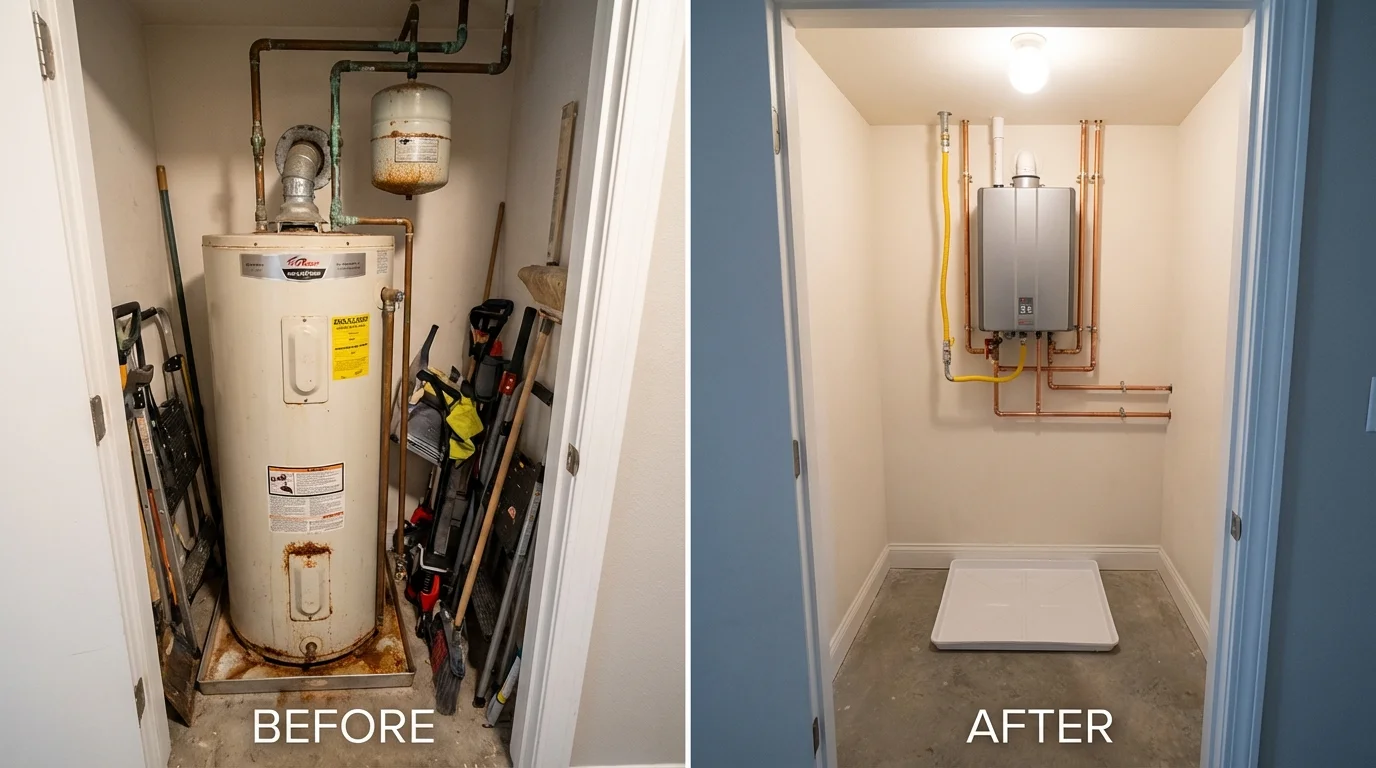 Tank water heater versus wall-mounted tankless unit comparison for Mount Sterling, IL homeowners