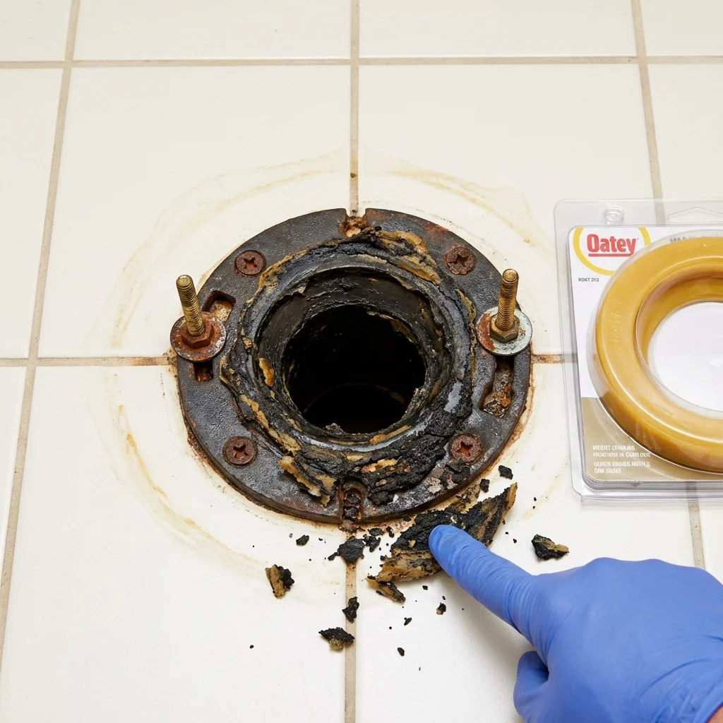 Failed wax ring showing water seepage at the base of a toilet in a Mount Sterling, IL home