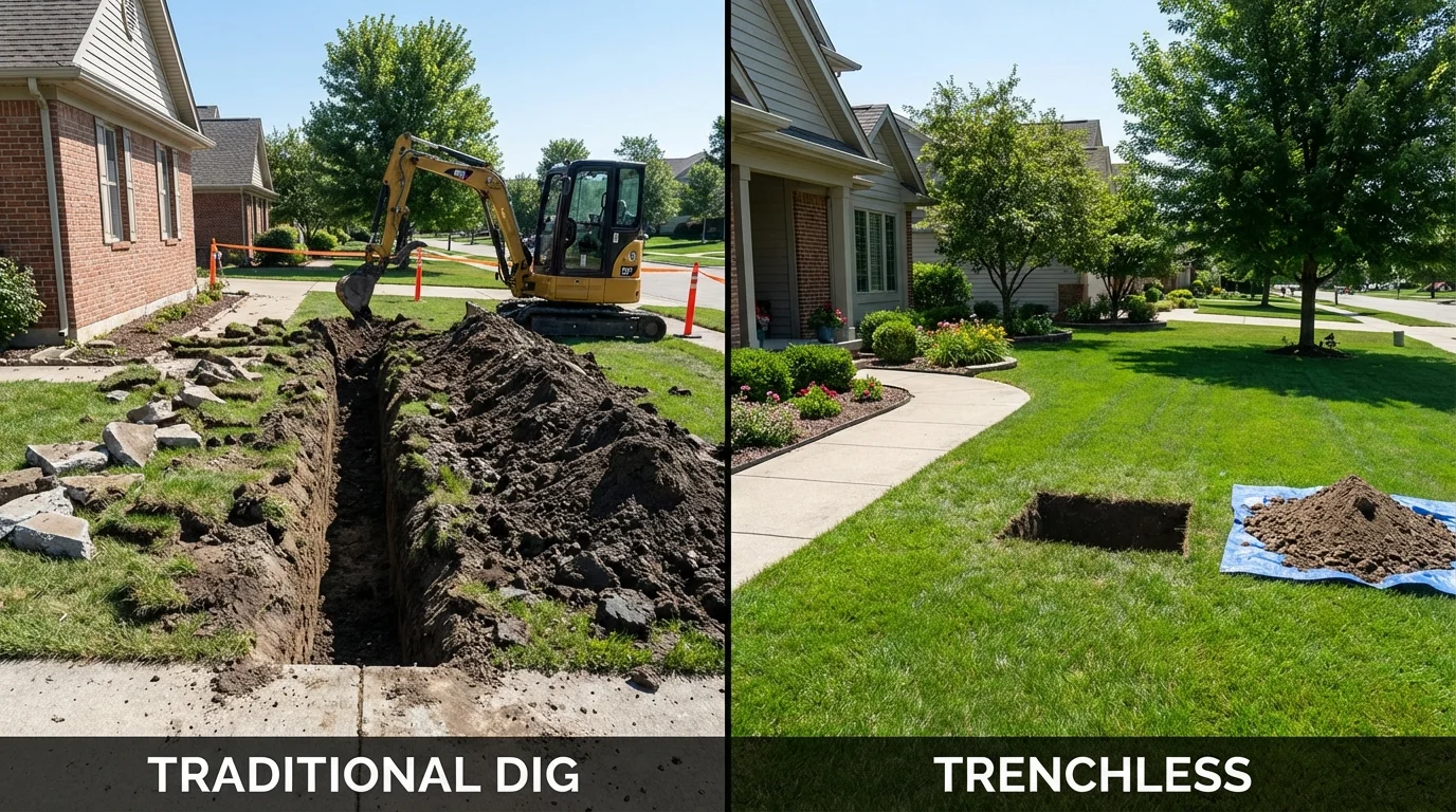 Trenchless sewer repair with minimal yard damage versus traditional excavation in Mount Sterling, IL